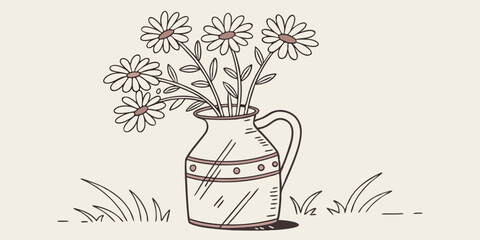 Single vintage milk jug with a bouquet of daisies in flat vector style
