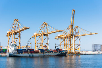 Container terminal in Jebel Ali, tall gantry cranes over berthed cargo ships in the port during cargo operations.