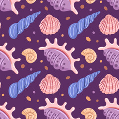 A seamless pattern featuring an assortment of beautifully detailed seashells, showcasing various shapes and sizes, delicately arranged with soft ocean hues, perfect for beach-themed designs and decor.