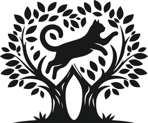 Cat with forest tree vector silhouette