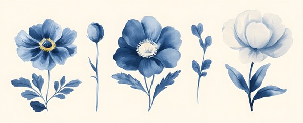Obraz premium Blue floral illustration featuring diverse blooming flowers on light background