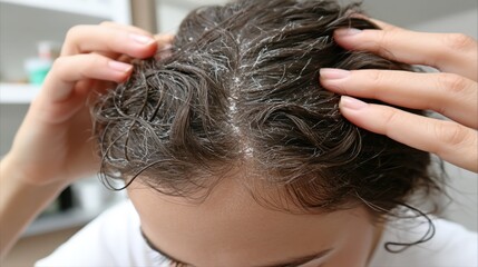 Fototapeta premium Close-up view of irritated red scalp among thick curly black hair with visible flakes