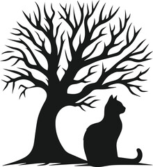 Cat with forest tree vector silhouette