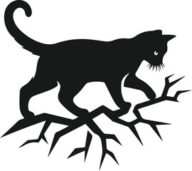 Cat with forest tree vector silhouette