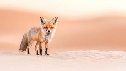 Obraz premium A curious red fox explores the vast sandy desert, its coat glowing softly in the warm dusk light, showcasing the beauty of wildlife in arid environments