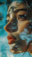 Close-up portrait of a woman with striking eyes, surrounded by nature's reflections, serene mood
