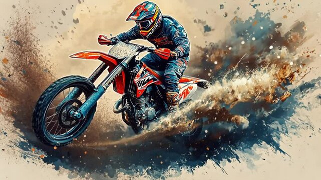 Dynamic motocross rider performing a jump in a vibrant, splattered paint background showcasing motion