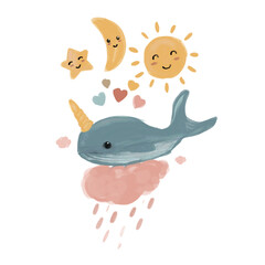 Whale illustrations with sun, cloud, and moon perfect for merchendise