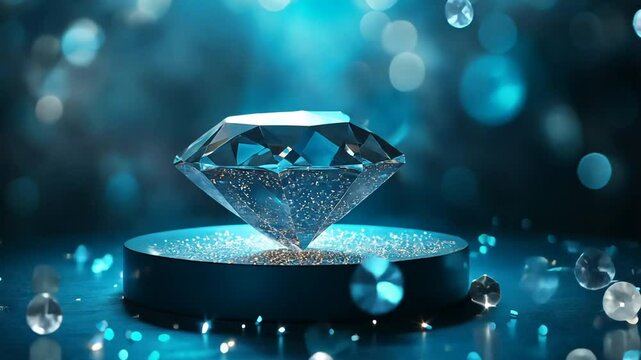 Mesmerizing close-up of a pristine diamond gemstone on a platform with bokeh lights