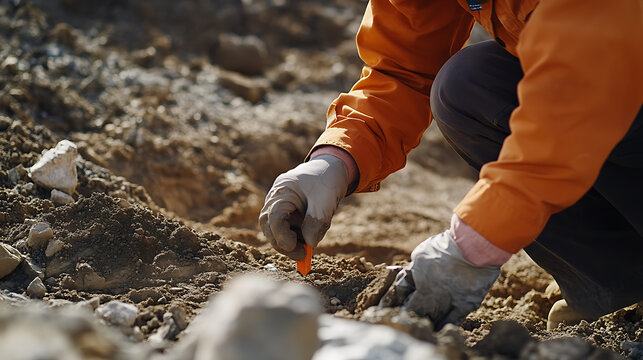 Geologist conducting field tests to measure the lithium content of soil samples from the mining site. Featuring field testing