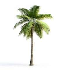Tall green palm tree with lush fronds against white background