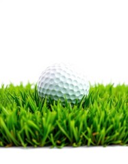 Obraz premium A pristine golf ball rests in vibrant green grass against a pure white background, vibrant, summer, game