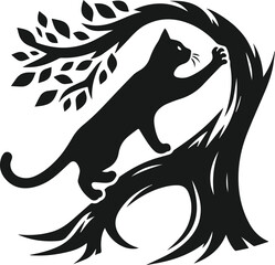 Cat with forest tree vector silhouette