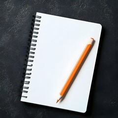 Blank Spiral Notebook with Orange Pencil on Dark Background