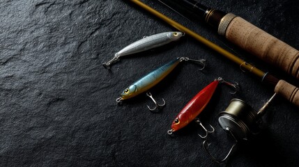 Fishing rod, lures, and hooks on black background. Space for text. 