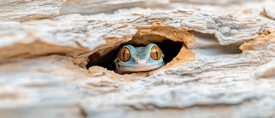 Obraz premium A striking desert frog with vibrant eyes peeks out from a natural rock crevice, surrounded by the textured surface of the arid landscape at twilight