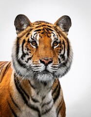 Fototapeta premium マットな白背景に1頭のトラが立つシンプルでクールなデザイン。力強い体躯と鮮やかな模様が余白とともに引き立ち、洗練された印象と静けさを演出する。