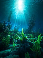 Fototapeta premium Underwater scene with seaweed, blue-green atmosphere
