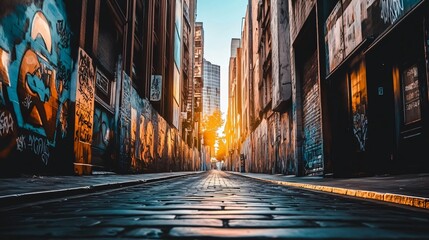 Fototapeta premium Walking Down Urban Alleyway with Graffiti and Sunlight