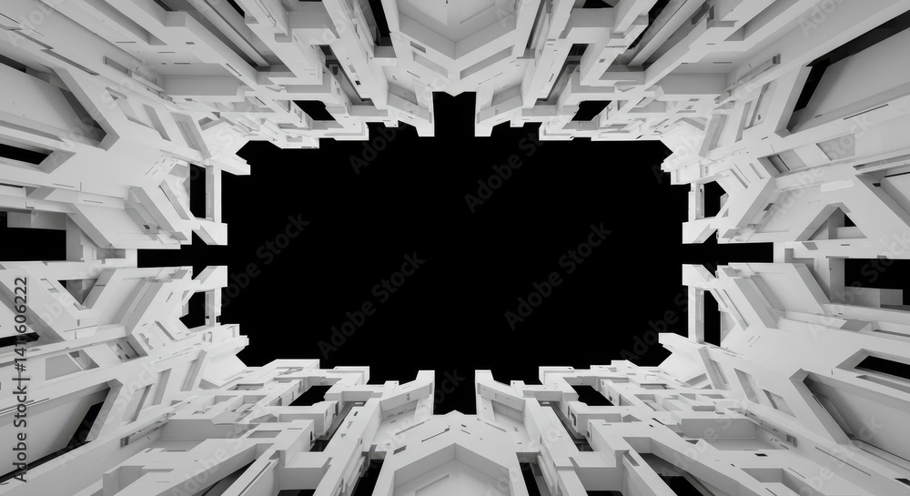 Poster abstract white geometric structure - futuristic white geometric structure with a central black void,