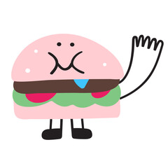 Funny burger. Cute character waving. Hand drawn flat illustration on white background.