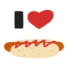 I love hot dog. Fast food. Hand drawn illustration on white background.