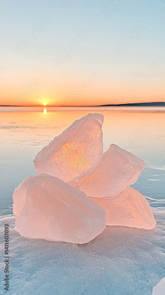 Poster intricate ice formations rest on the edge of a tranquil desert lake as a stunning sunset casts vibra