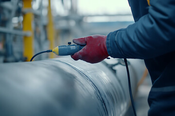 Pipeline technician performing ultrasonic testing on a gas pipeline. Featuring safety and accuracy