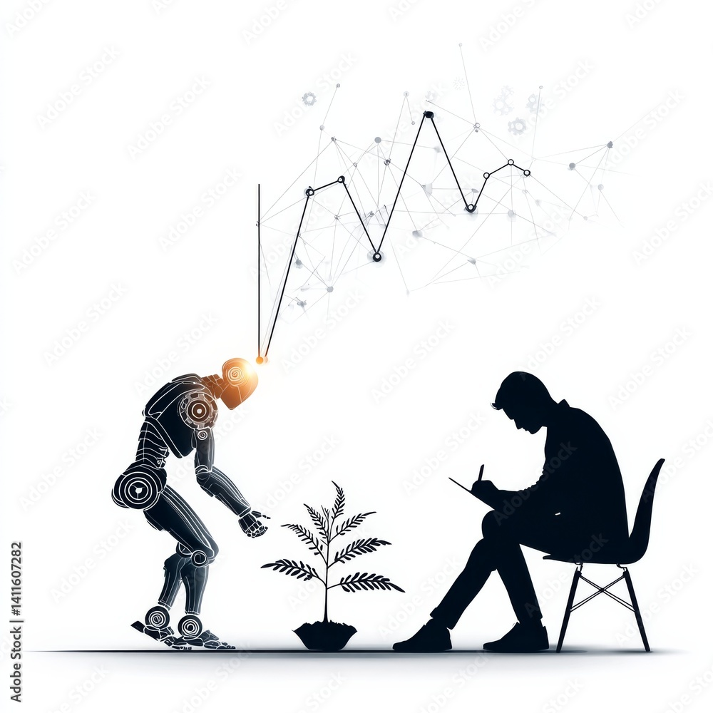 Aufkleber ai-driven growth: robot nurturing future with data-driven insights, analyzed by man. a vision of tec