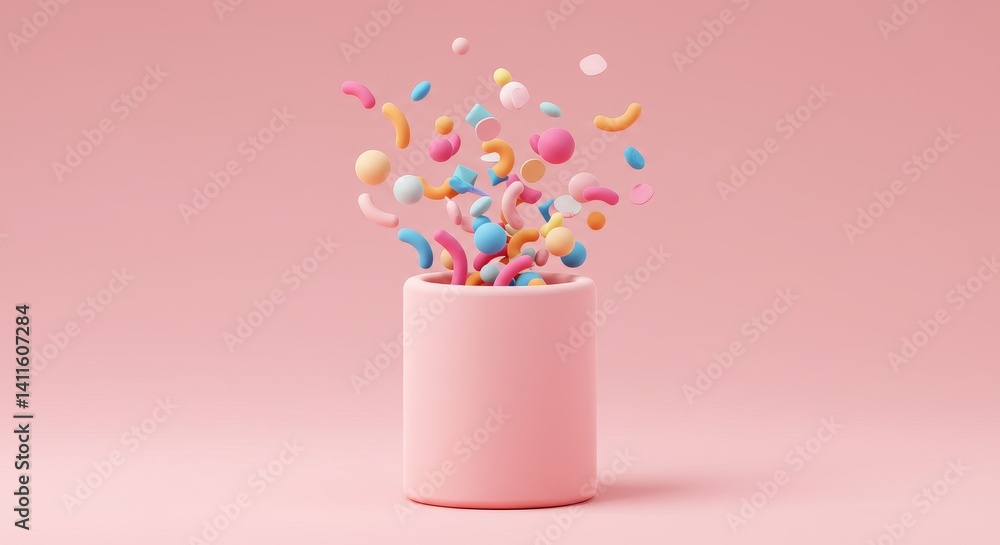 Poster colorful shapes emerging from pink cylinder - abstract 3d of pastel-colored shapes exploding from a 