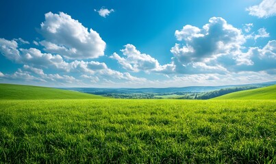 Fototapeta premium Serene rolling hills bathed in sunlight, a vast expanse of vibrant green grass stretches to the horizon under a brilliant blue sky dotted with fluffy white clouds.