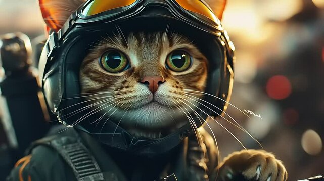 A courageous cat pilot in a helmet gazes intently, ready for an adventurous flight in a vibrant sky