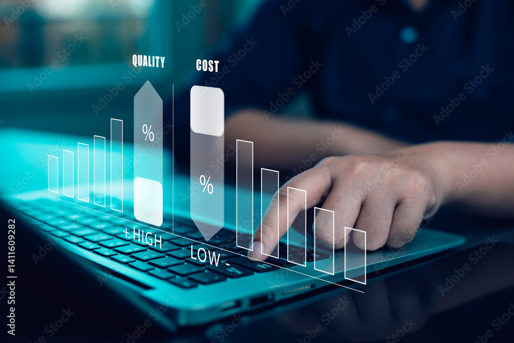 Poster hand typing on laptop with virtual graphs showing high quality and low cost relationship, representi