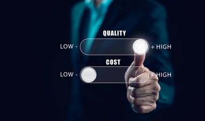 Businessman holding virtual cost growth chart with upward arrow. Concept of rising expenses, financial analysis, business performance, and economic strategy.