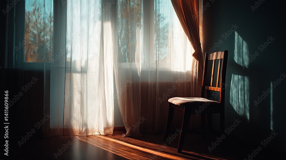 Poster empty chair next to a window with sheer curtains