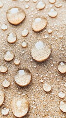 Delicate droplets of water collect on sand grains, reflecting the soft light of dawn in a serene desert environment, showcasing nature's beauty and resilience