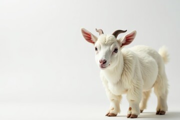 Obraz premium A fluffy white goat against a pure white backdrop, white goat, wool