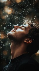 Young man enjoying a serene moment in the rain, surrounded by a lush, green forest backdrop