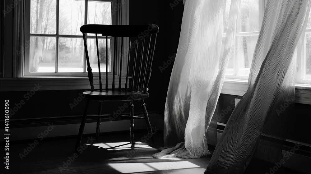Poster empty chair next to a window with sheer curtains
