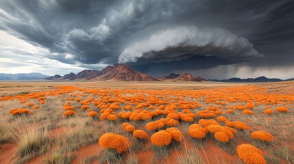 Bright orange wildflowers blanket the Namib Desert, contrasting against dark storm clouds gathering over majestic mountains during twilight hours