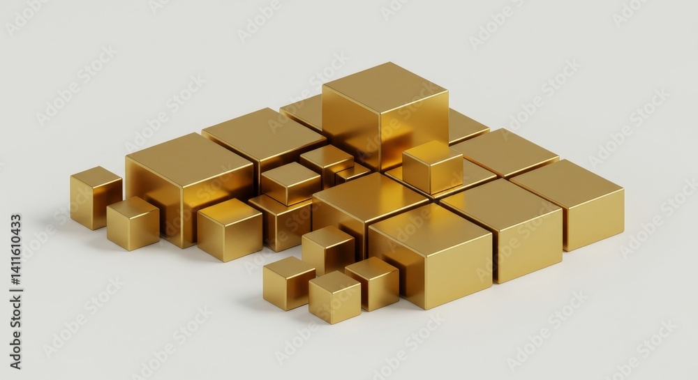 Poster golden cubes abstract composition - abstract of gold cubes arranged in a dynamic, asymmetrical patte