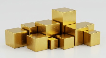 Fototapeta premium Golden Cubes Abstract Design - Abstract arrangement of gold cubes symbolizing growth, stability, wealth, luxury, and sophistication. Clean white background