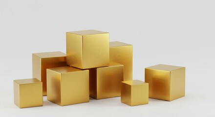 Fototapeta premium Golden Cubes Abstract Design - Abstract of gold cubes arranged on a white background, symbolizing growth, stability, luxury, success, and wealth
