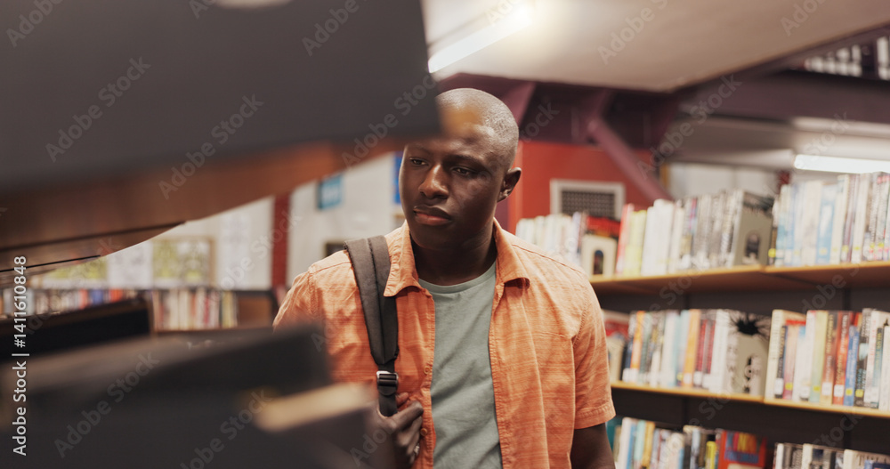 Poster Man, student and shelf with books in library for choice, textbook search and studying for exam. African person, decision and literature information for knowledge, education and assessment at college