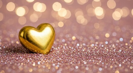 Obraz premium Golden Heart on Glittering Background - A single gold heart rests on a bed of rose gold glitter, bokeh lights softly blur the background
