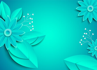 抽象的な青くパステルグリーンな花(マーガレット・ガーベラなど)のペーパークラフト風イラスト｜背景素材アートシリーズ	