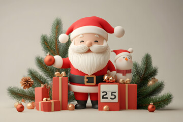 Fototapeta premium Santa Claus smiles, a snowman, gifts, and Christmas decorations create a scene of holiday cheer, conveying the joy and excitement of the festive season.
