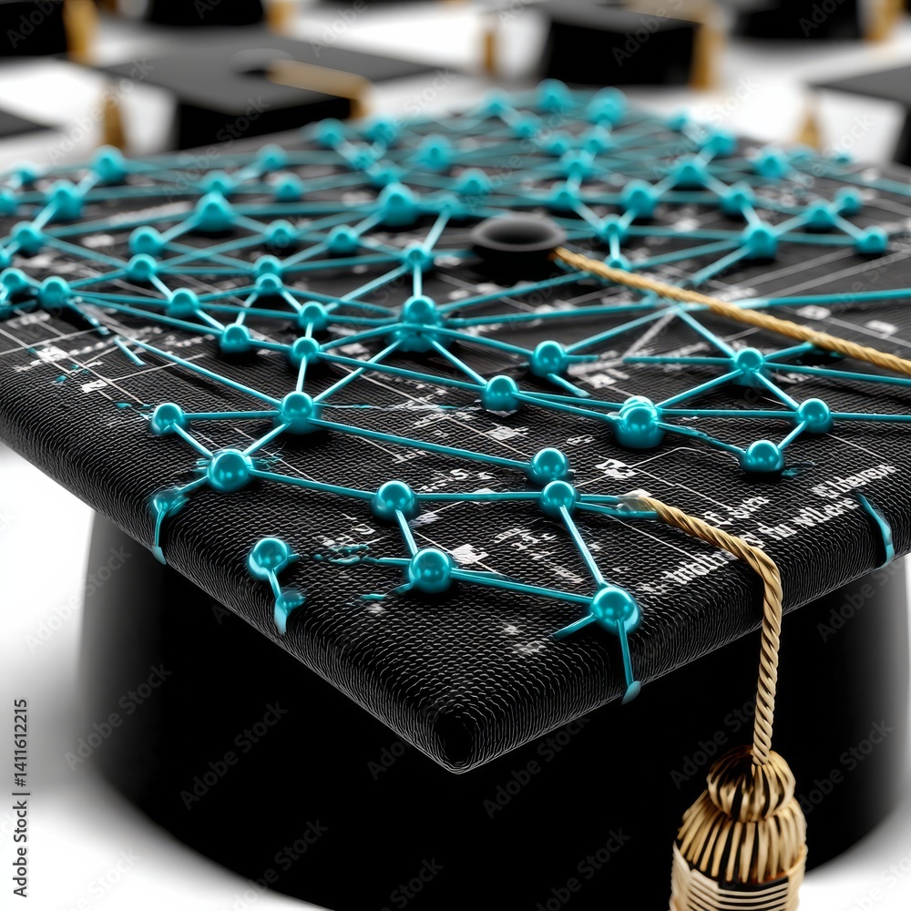 Poster graduation cap topped with a digital network: knowledge and connection in the modern era