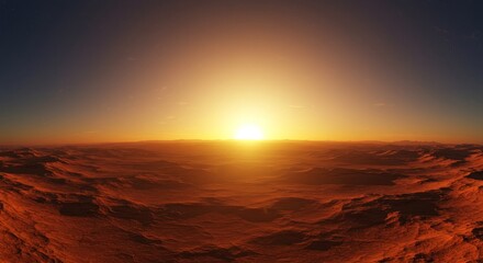 Martian Sunset Landscape - Breathtaking panoramic view of a sunset over a Martian-like desert landscape. Red dunes and a fiery sun dominate the scene
