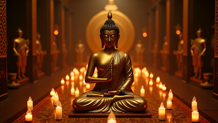 Fototapeta premium Impressive Buddha Purnima Devotion Scene: Sophisticated Rituals, Dignified Postures, and Refined Decor in Exceptional Clarity - Photo Stock Concept with Empty Space